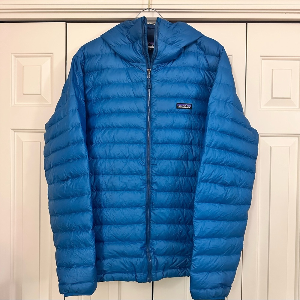 Patagonia Down Sweater Hoodie Jacket Mens XXL Long Sleeve Full Zip Pockets Blue
